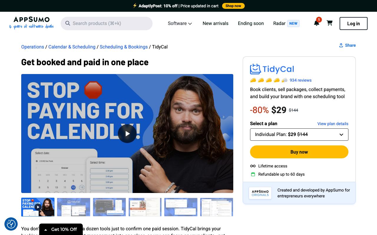 AppSumo-Angebotsseite für TidyCal mit dem Individual-Plan für 29 Dollar statt 144 Dollar und dem Hinweis auf 60 Tage Rückerstattung