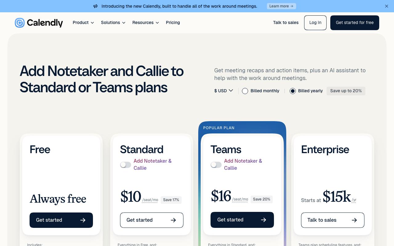 Preisseite von Calendly mit den Tarifen Free, Standard für 10 Dollar pro Platz, Teams für 16 Dollar pro Platz und Enterprise