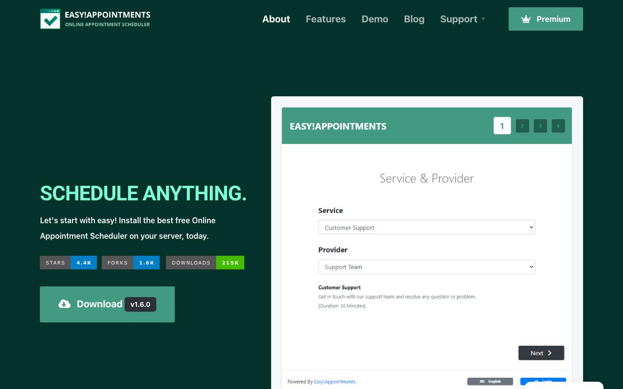 Startseite von Easy!Appointments mit Hinweis auf die kostenlose Open-Source-Terminbuchung und einer Vorschau des Buchungsablaufs