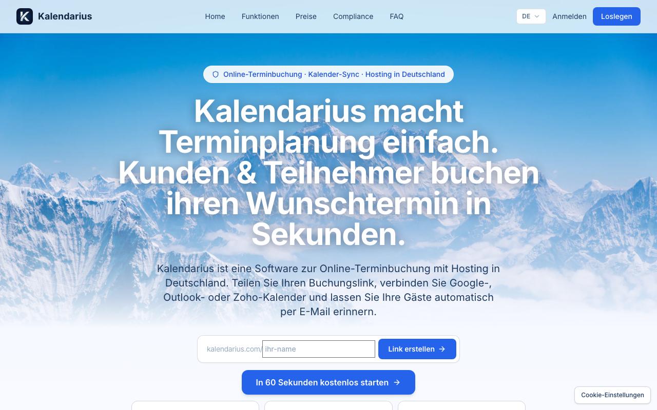 Startseite von Kalendarius mit dem Hinweis Online-Terminbuchung, Kalender-Sync und Hosting in Deutschland