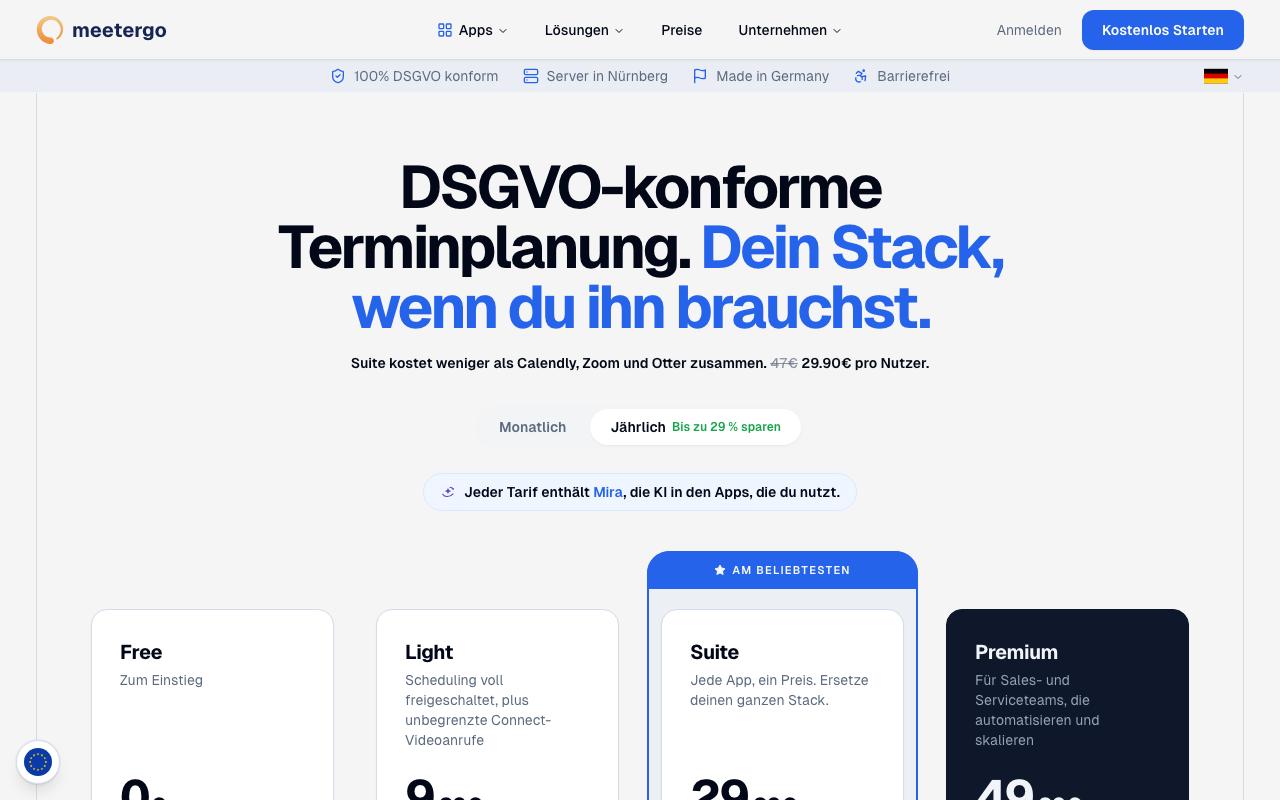 Preisseite von meetergo mit den Tarifen Free, Light, Suite für 29,90 Euro pro Nutzer und Premium, Badges für DSGVO-Konformität und Server in Nürnberg