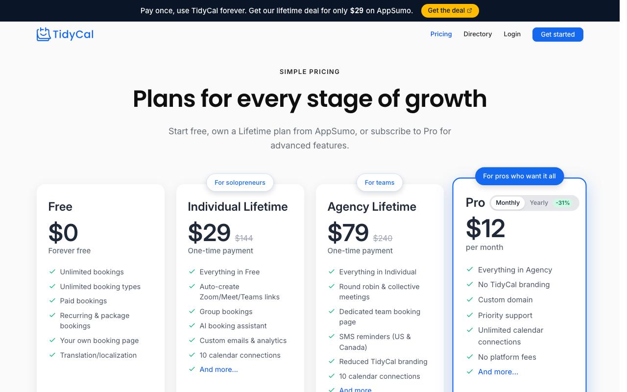 Preisseite von TidyCal mit Free, Individual Lifetime für 29 Dollar, Agency Lifetime für 79 Dollar und Pro für 12 Dollar pro Monat