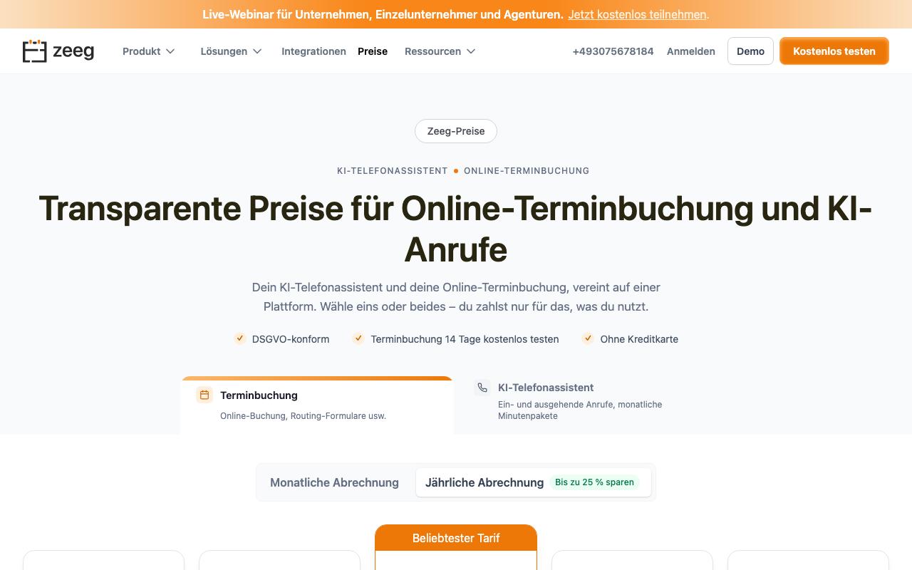 Preisseite von zeeg mit dem Umschalter zwischen monatlicher und jährlicher Abrechnung und dem Hinweis, dass Terminbuchung 14 Tage kostenlos testbar ist